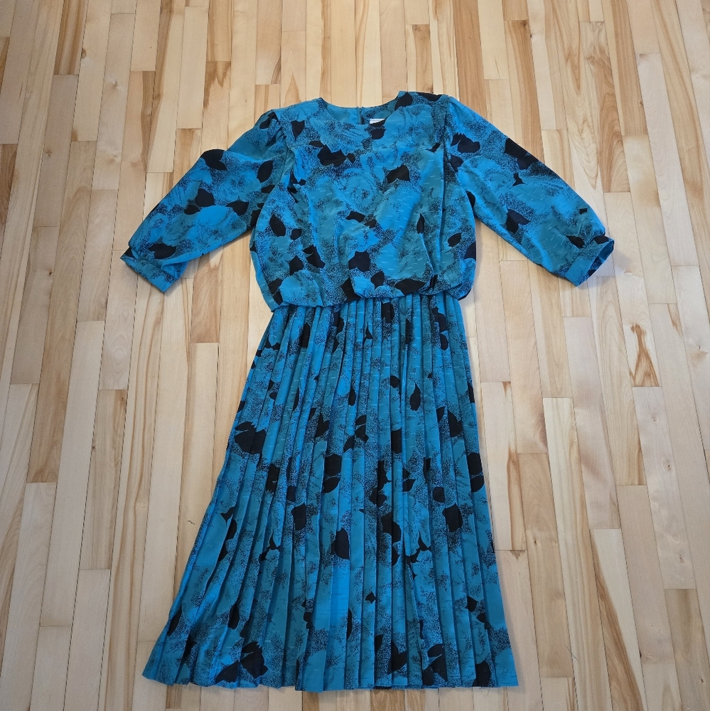 Elegant Teal Vintage 80s Floral Dress R.E.O. Size 12